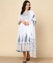 White Malmal Block Print Anarkali Dress with Dupatta (W1400)