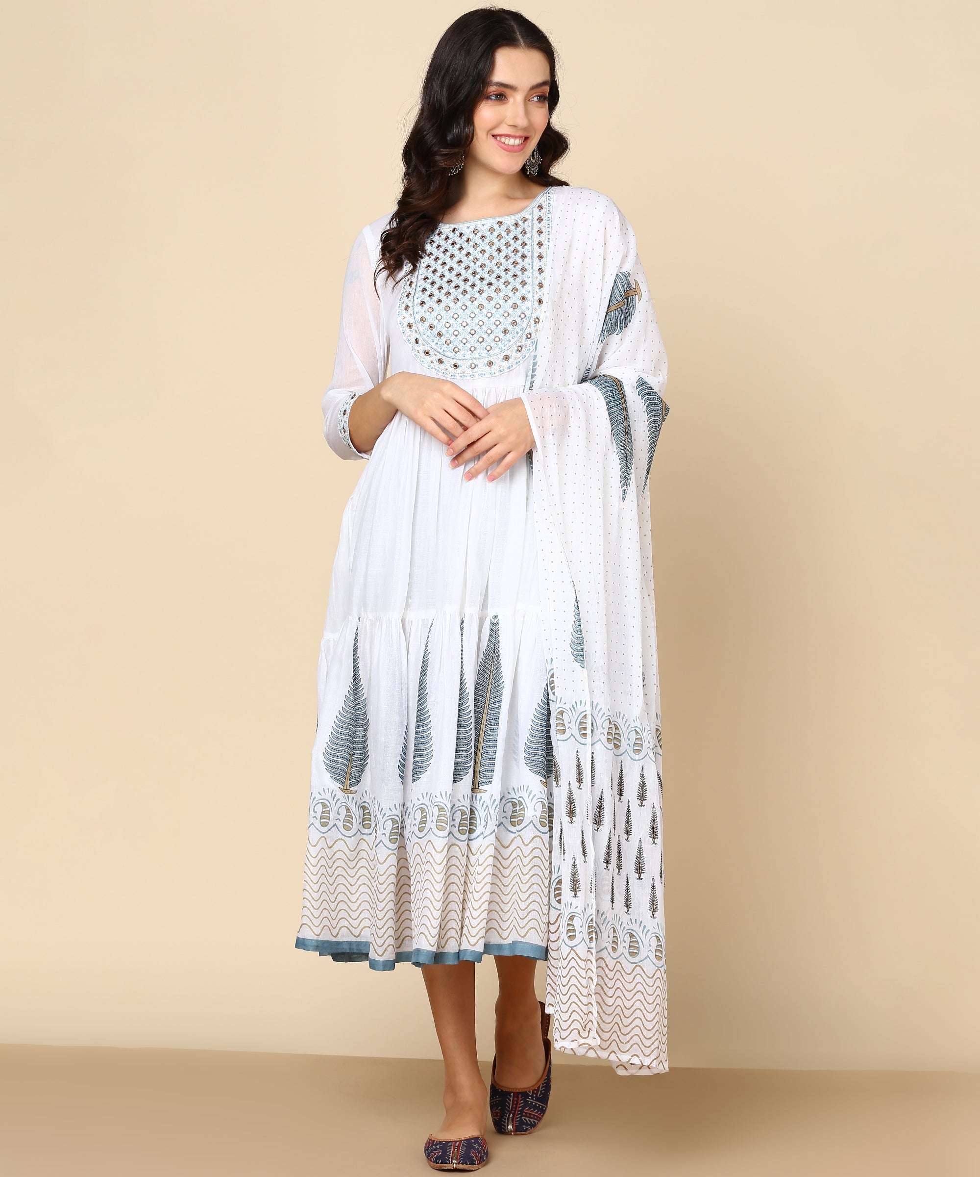 White Malmal Block Print Anarkali Dress with Dupatta (W1400)