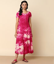 Rayon Fuchsia Tie Dye Flared Dress (W1281)