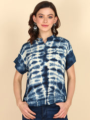 Rayon Tie Dye Blue Mandarin Collar Top (W1339)