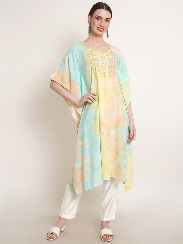 Pastel Yellow & Green Tie Dye Embroidery Work Rayon Staple Kaftan Kurta (W1385)