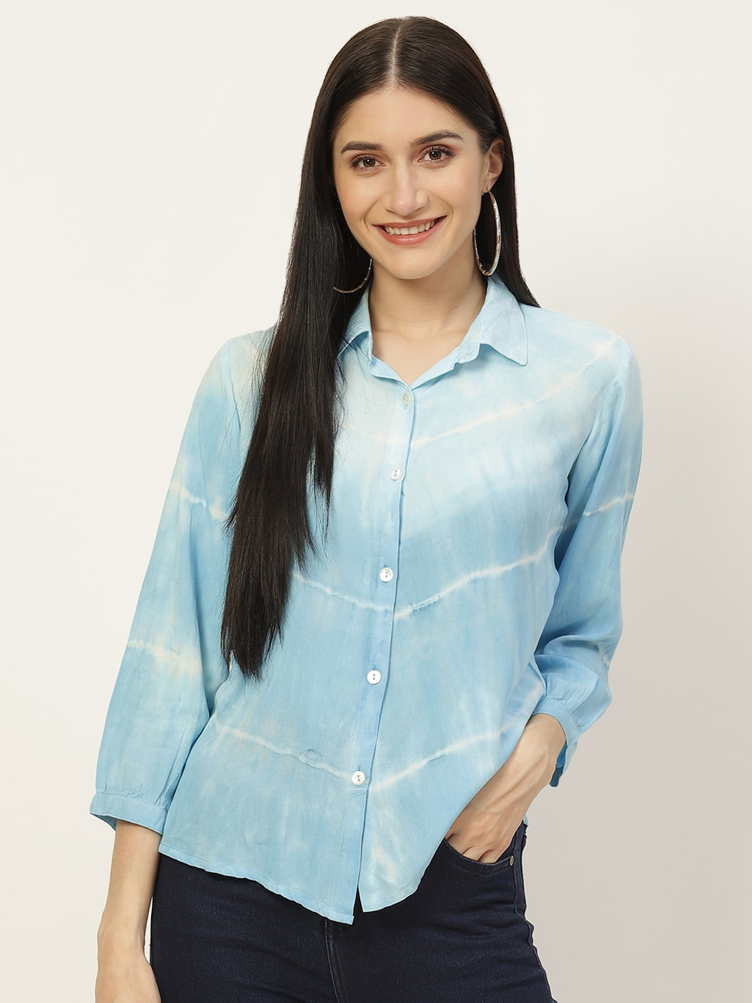 Rayon Tie Dye Sky Blue Loose Fit  Shirt (W1269)