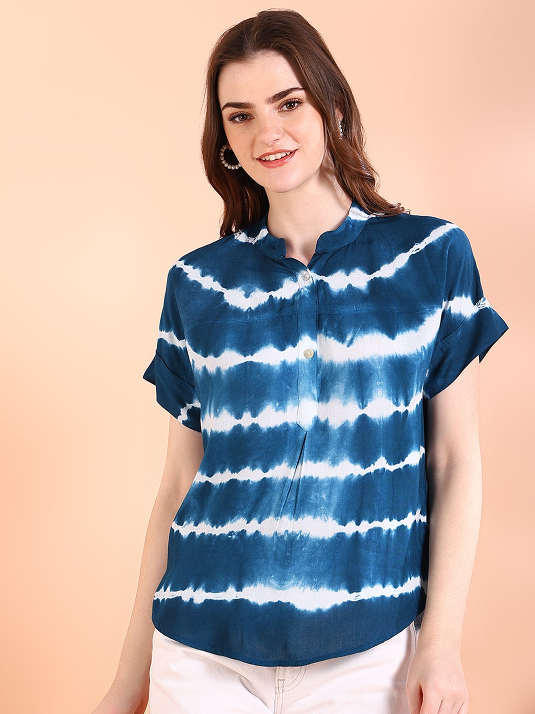 Vibrant Navy Blue Tie-Dye Everywhere Top In Soft Rayon (W1543)