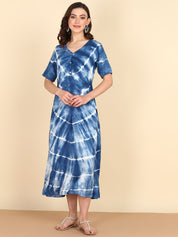 Rayon Tie Dye Blue A-Line Midi Dress (W1258)