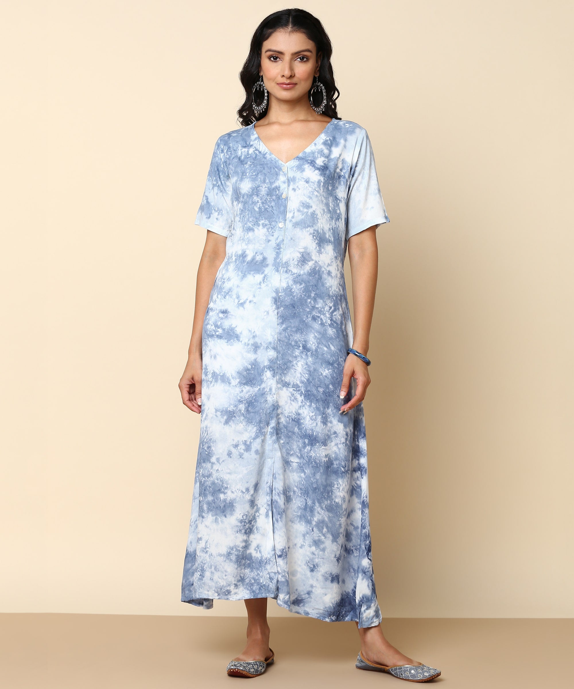 Rayon Tie Dye Grey Front Slit Full Placket Dress (W1274)