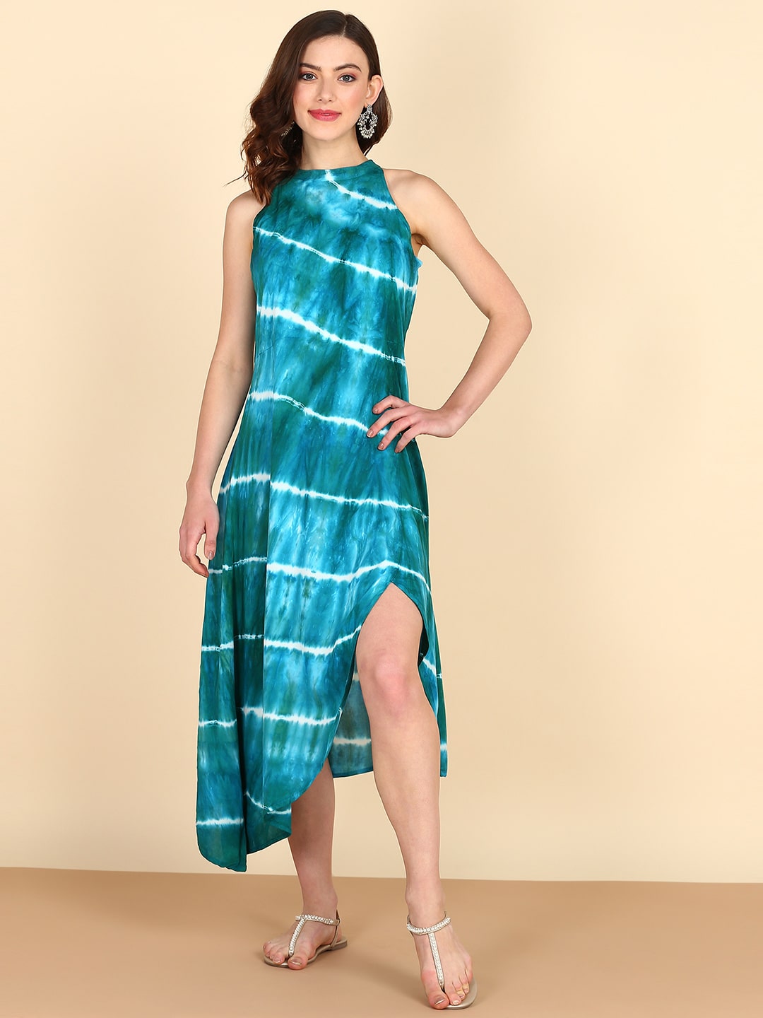 Rayon Tie Dye Green halter Front Slit High Low Dress (W1244)