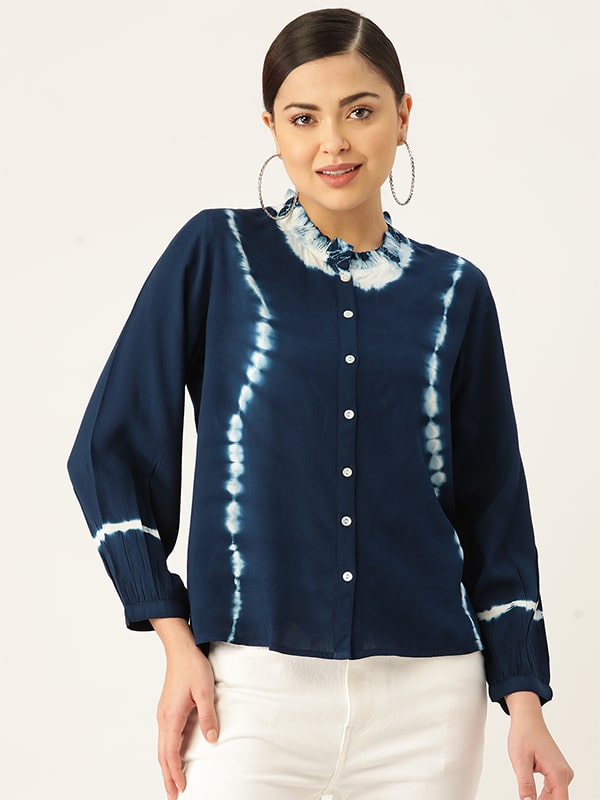 Rayon Blue Frill Neck Shirt (W1333)