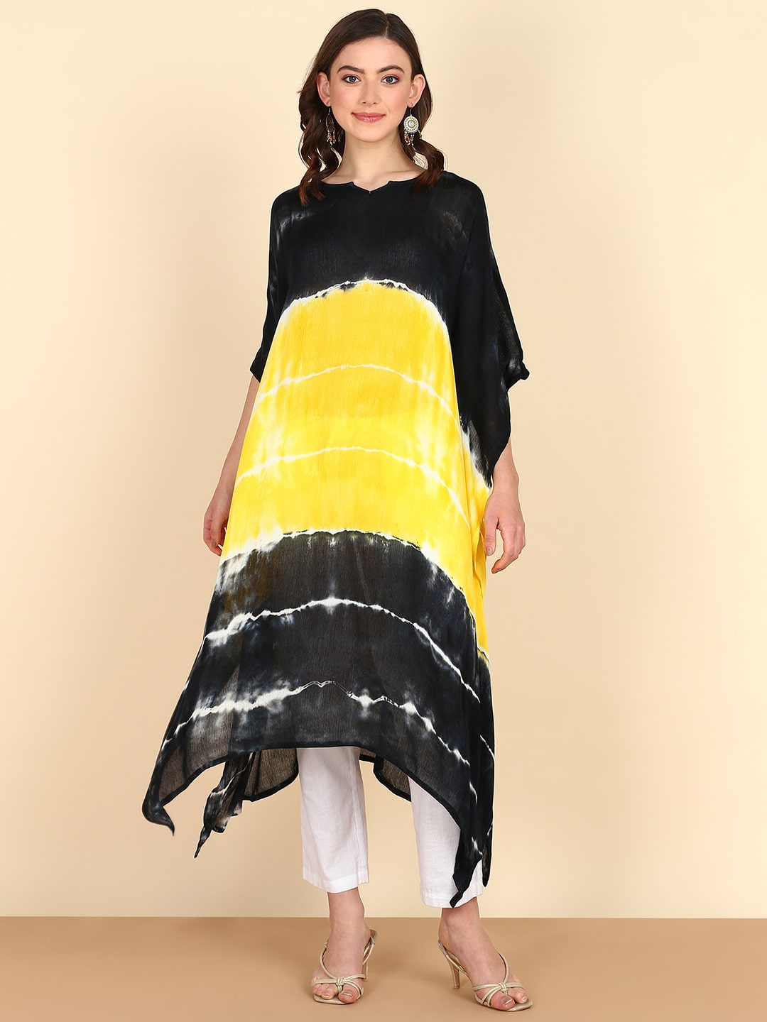 Rayon Crepe Tie Dye yellow & Green Hand Kaftan Kurta (W1210)