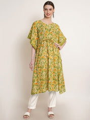 Green & Yellow Tie Dye Cotton Floral Print Kaftan Kurta (W1388)