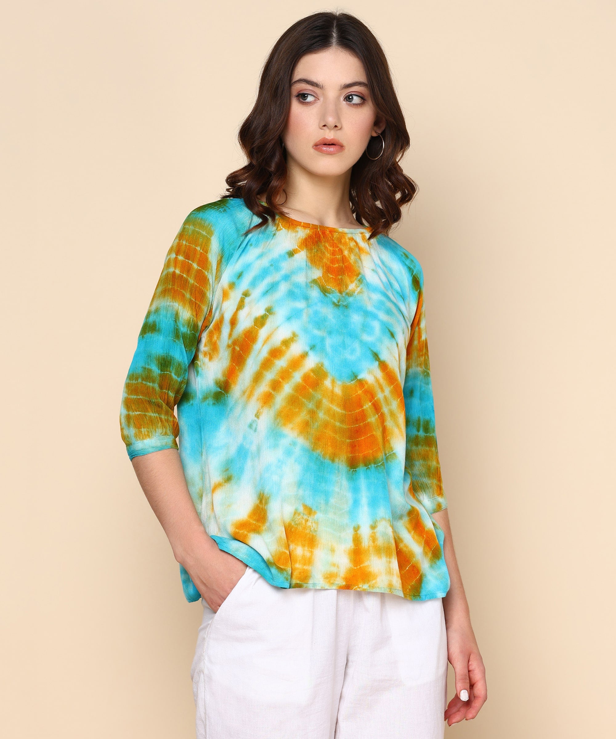 Teal and Mustard Circular Tie Dye Rayon Crepe Top (W1421)