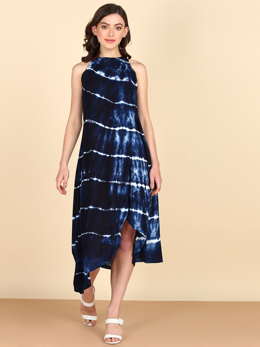 Rayon Tie Dye Blue  Halter Front Slit High Low  Dress (W1243)