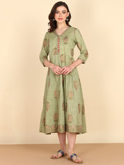 Pure Cotton Stylish Olive A-line Dress (W1070)