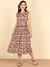 Pure Cotton Floral Printed Beige A-line Midi Dress (W1226)