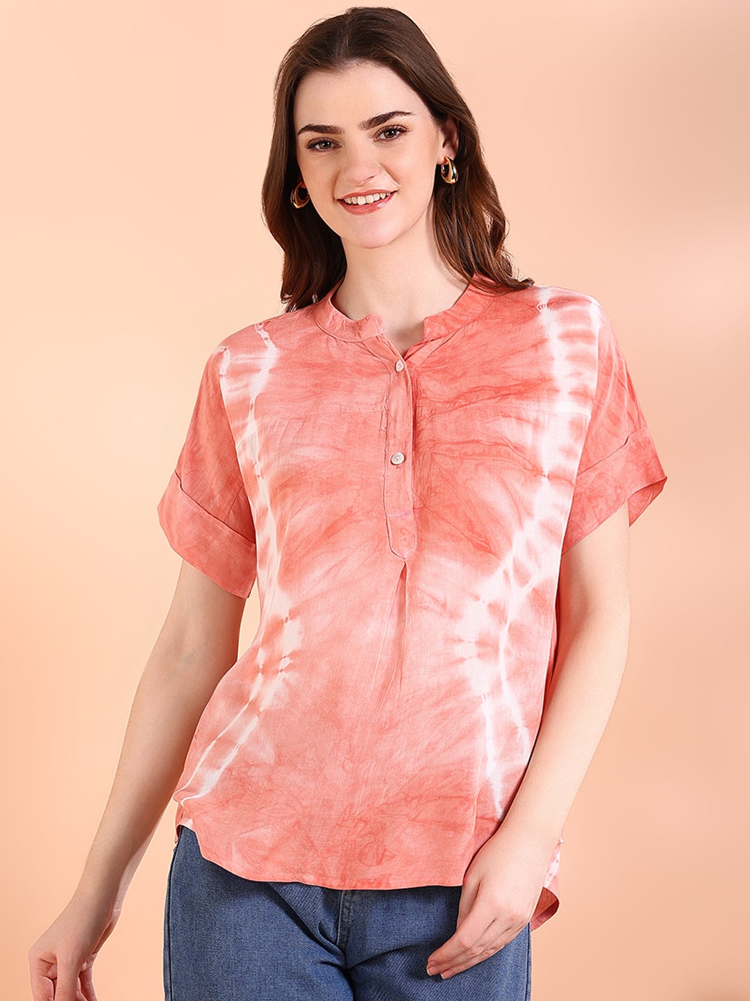 Vibrant Peach Tie-Dye Everywhere Top In Soft Rayon (W1546)