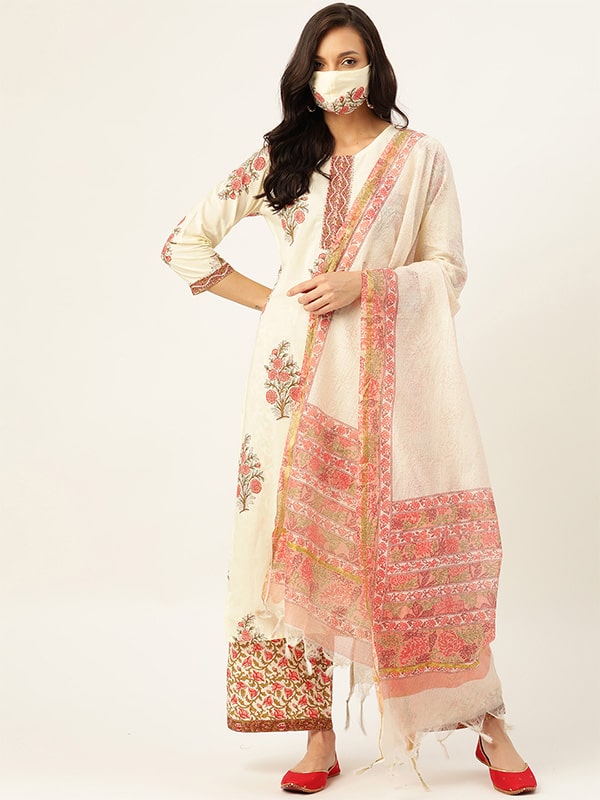 Pure Cotton Floral Printed Off White Kurta With Dupatta & Trouser (W1142)