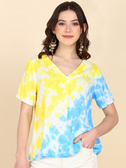 Half Sleeves Tie Dyed Front Pleated Rayon Top (W1474)