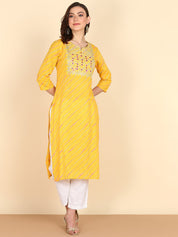 Yellow Pure Cotton Bandhej Print Kurti With Sequins Embroidery Work (W1363)