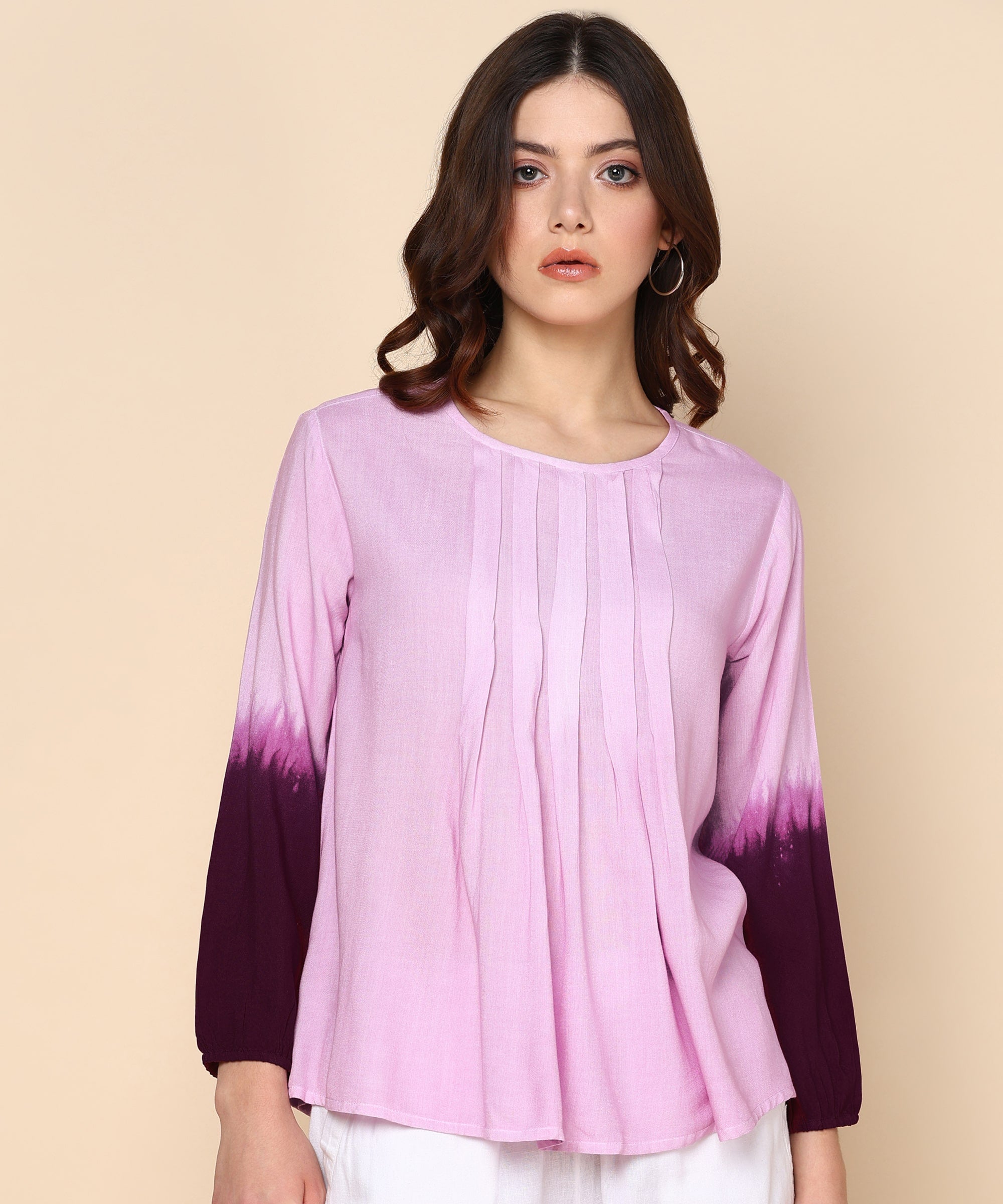 Ombre Maroon Tie-Dye Rayon Staple Pleat Top (W1409)