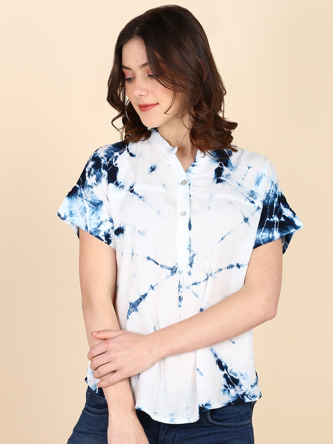 Half Sleeves Tie Dyed Fitted Rayon Top (W1487)