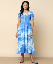 Rayon Tie and Dye Sky Blue A-Line Midi Dress (W1282)