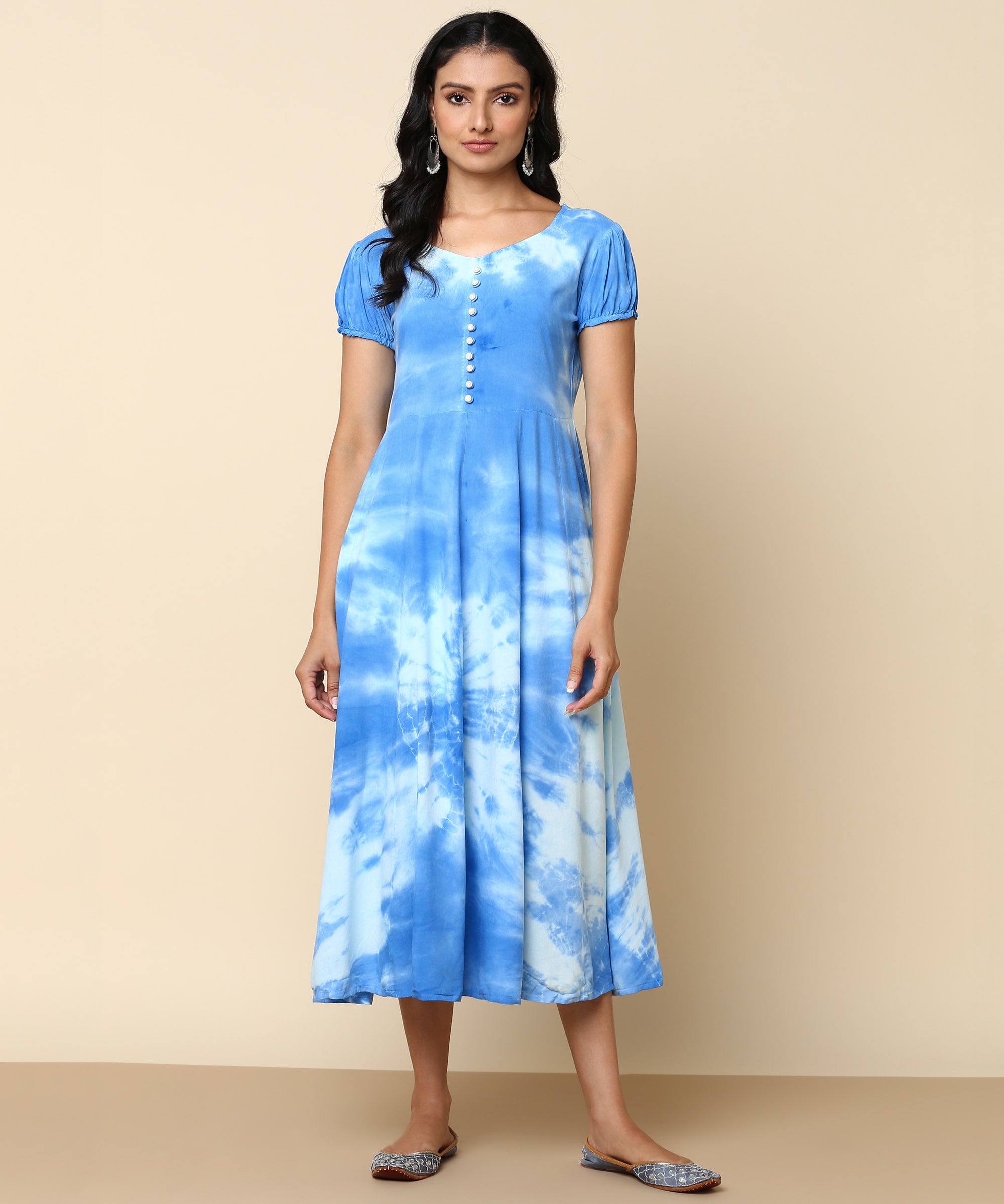 Rayon Tie and Dye Sky Blue A-Line Midi Dress (W1282)