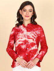 Pure Cotton Tie Dye Brick Red Stand Collar Shirt (W1248)