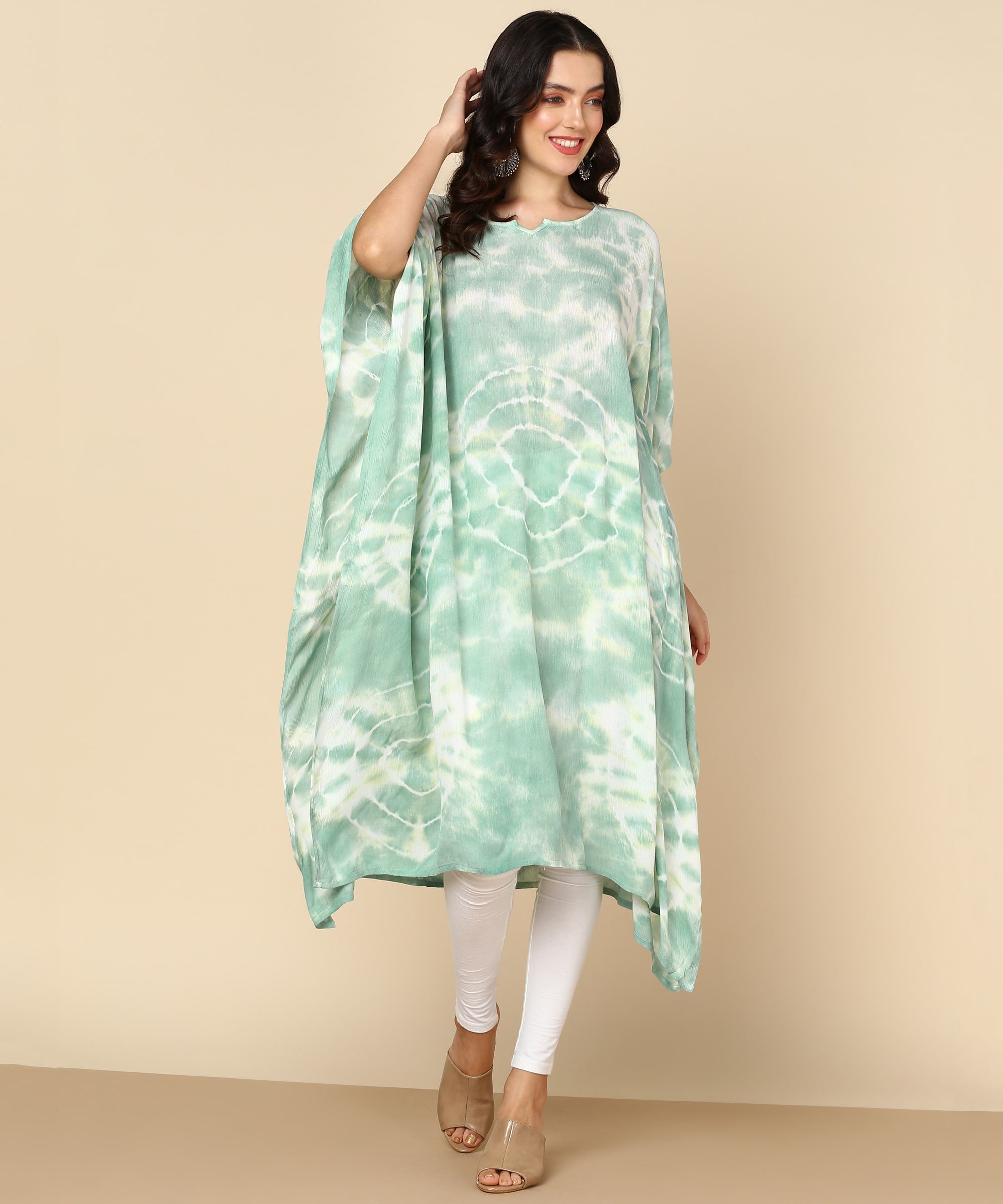 Rayon Tie Dye Pastel Green Kaftan kurta (W1349)