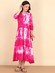 Rayon Abstract Tie Dye A-Line Pink Midi Dress With Tie-Up Closure (W1241)