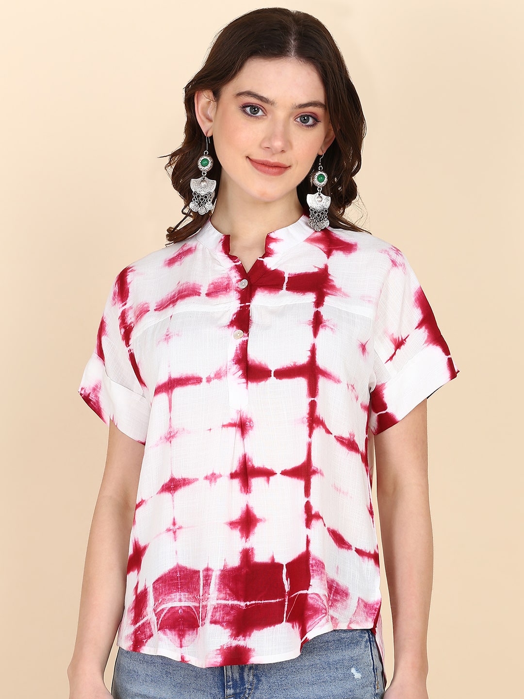 Half Sleeves Tie Dyed Fitted Rayon Top (W1488)