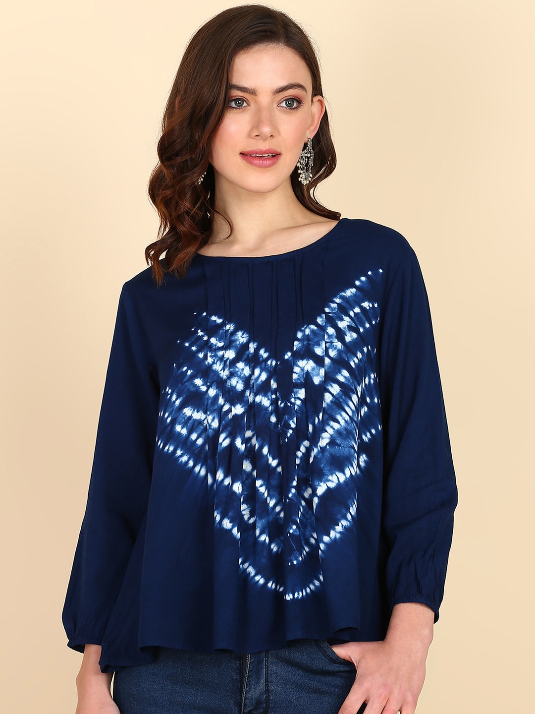 Rayon Tie Dye Blue Pleated Top (W1331)