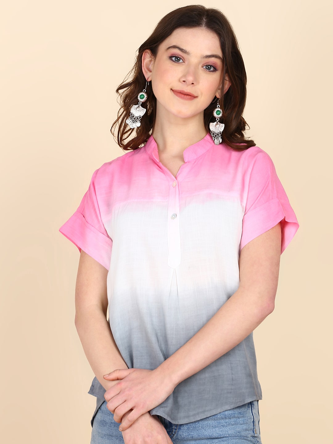 Half Sleeves Tie Dyed Fitted Rayon Top (W1489)