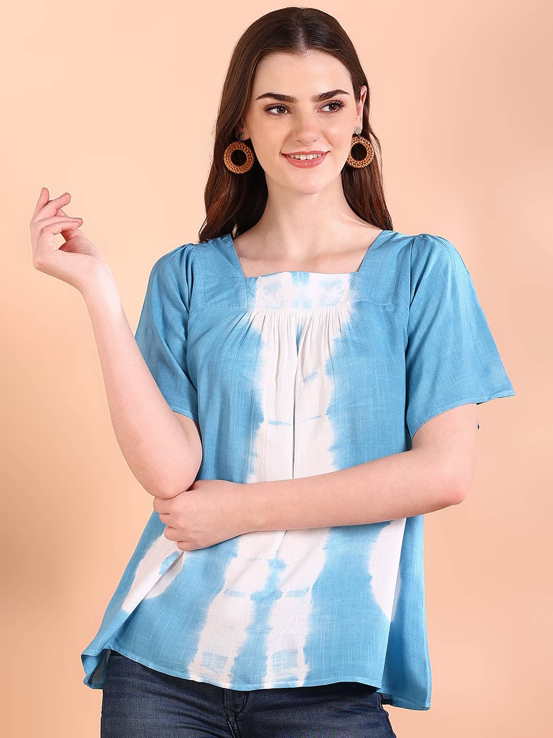 Vibrant Blue Tie-Dye Everywhere Top In Soft Rayon (W1562)