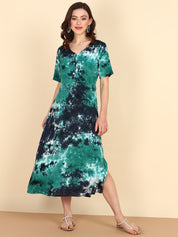 Rayon Tie Dye Sea Green A-Line Midi Dress (W1257)