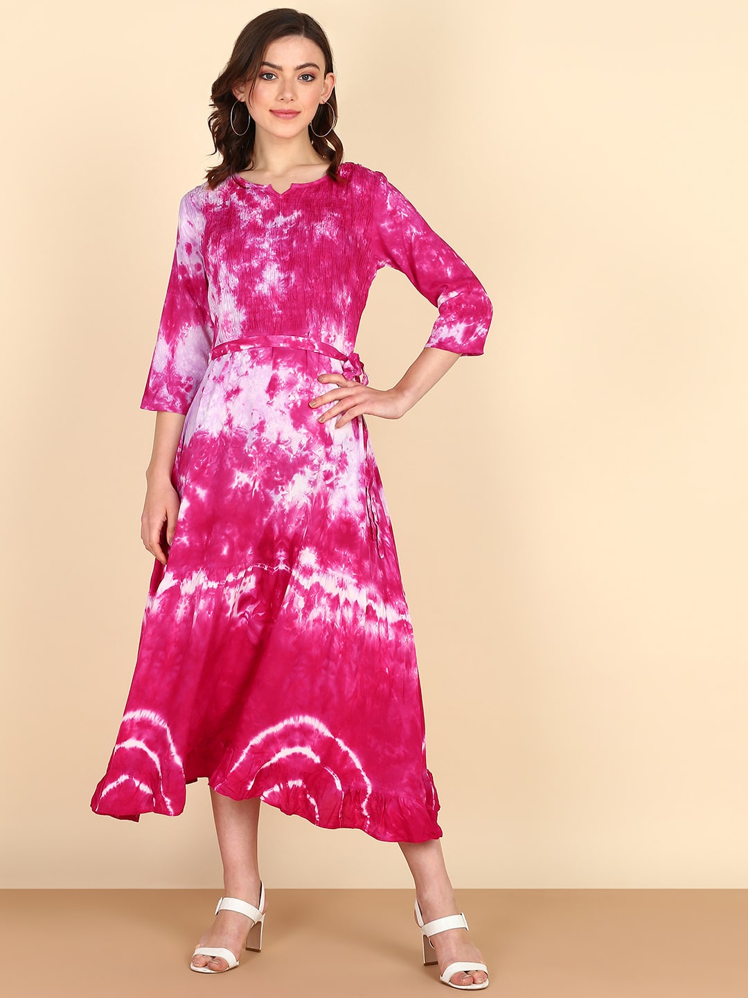 Rayon Tie dye Rose Pink Fit & Flare Belted Dress (W1268)