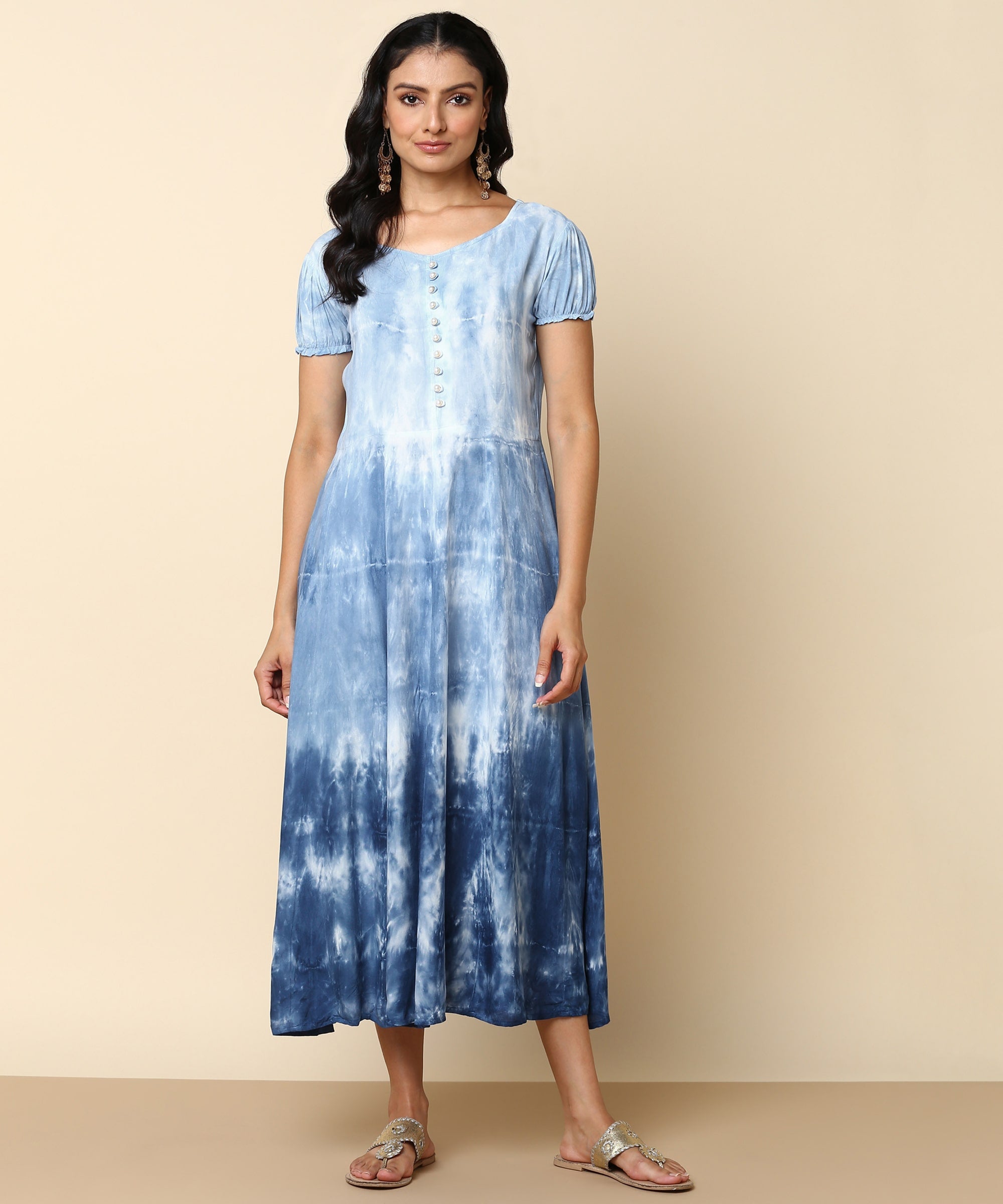 Rayon Tie Dye White Fit & Flared Dress (W1277)