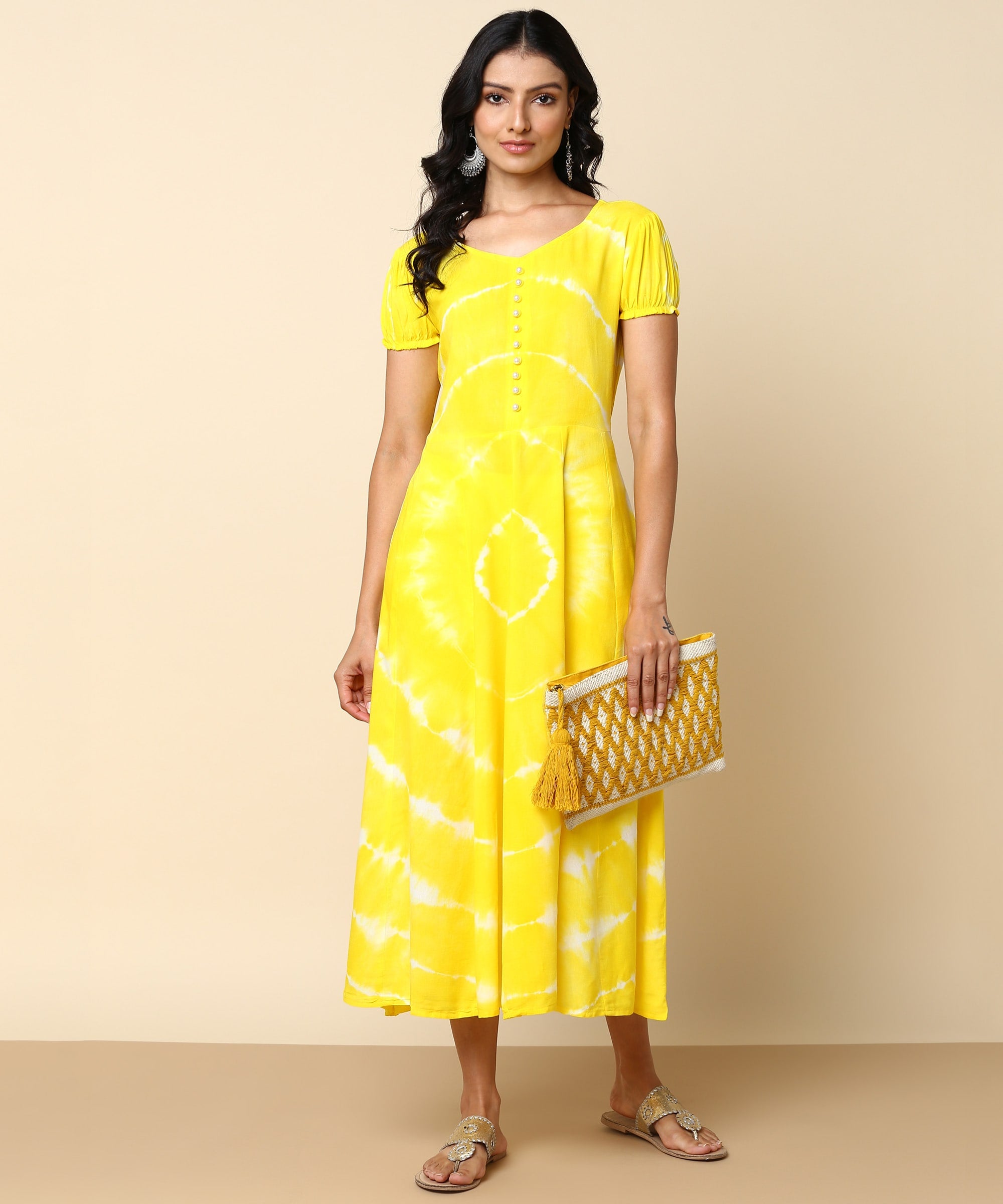 Rayon Tie Dye Yellow Dress (W1280)