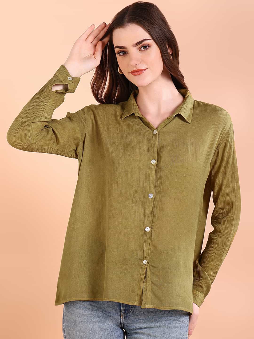 Olive Green Tie-Dye Crepe Loose Fit Shirt (W1557)