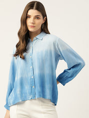 Rayon Hand Dyed Tie-Dye Blue Loose Fit Shirt (W1198)