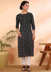 Women Handmade Floral Pure Cotton Straight Black Kurta (W1572)