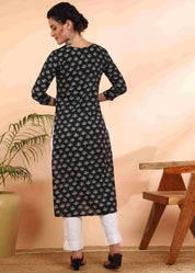 Women Handmade Floral Pure Cotton Straight Black Kurta (W1572)