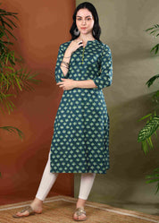 Women Handmade Floral Pure Cotton Straight Green Kurta (W1573)