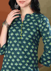 Women Handmade Floral Pure Cotton Straight Green Kurta (W1573)