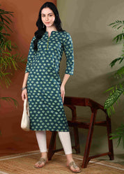 Women Handmade Floral Pure Cotton Straight Green Kurta (W1573)