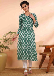 Women Handmade Floral Pure Cotton Straight Green Kurta (W1575)