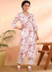 Women Handmade Floral Pure Cotton Straight Pink Kurta (W1576)