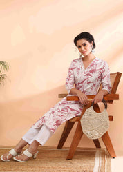 Women Handmade Floral Pure Cotton Straight Pink Kurta (W1576)