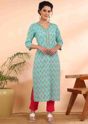 Women Handmade Floral Pure Cotton Straight Light Blue Kurta (W1578)