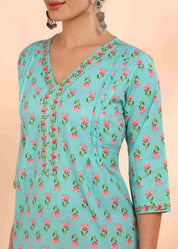 Women Handmade Floral Pure Cotton Straight Light Blue Kurta (W1578)