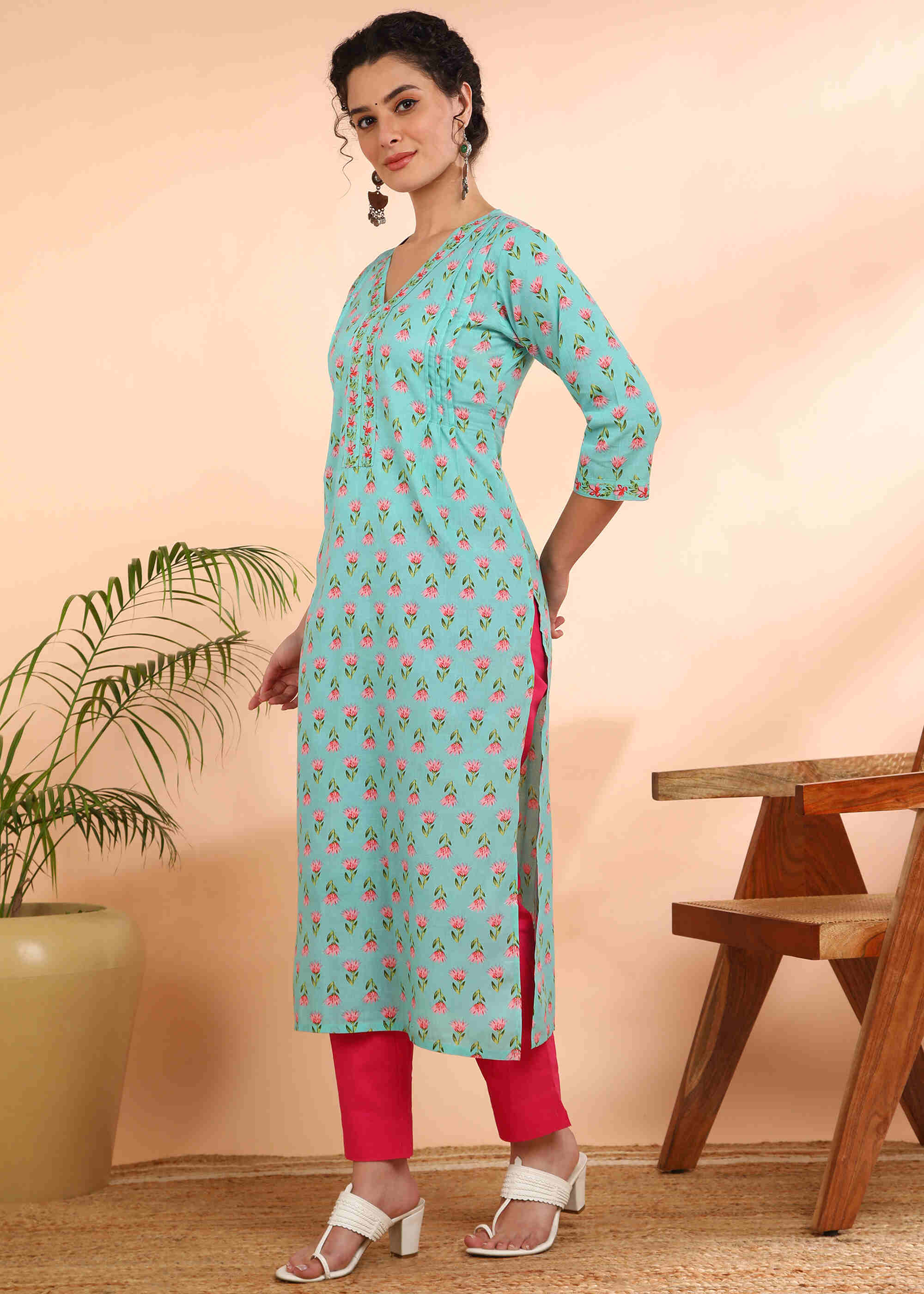 Women Handmade Floral Pure Cotton Straight Light Blue Kurta (W1578)