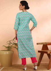 Women Handmade Floral Pure Cotton Straight Light Blue Kurta (W1578)